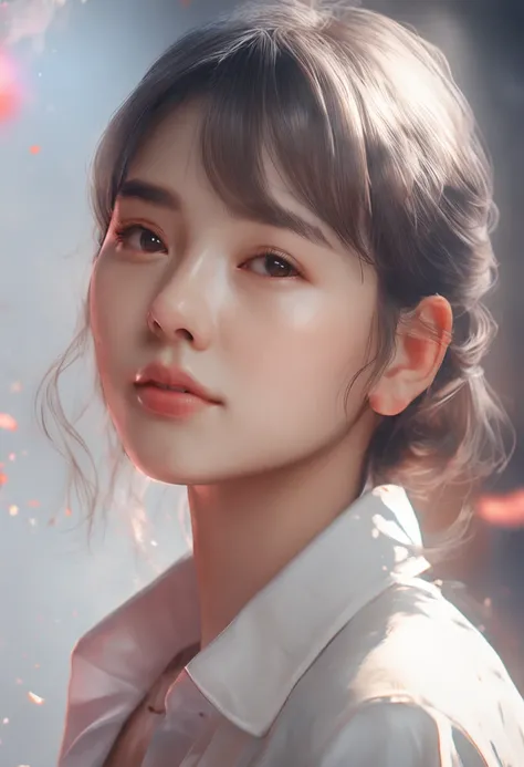 arafed woman with a plain white shirt, close up, a photorealistic painting inspired by Yanjun Cheng, trending on cg society, realism, soft portrait shot 8 k, girl cute-fine-face, with short hair, portrait cute-fine-face, kawaii realistic portrait, 8k portr...