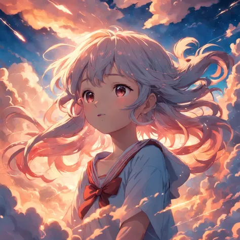 masterpiece, best quality, movie still, 1girl, cloud girl, floating in the sky, close-up, bright, happy, warm soft lighting, sunset, (sparks:0.7)