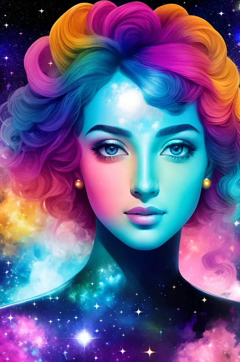 retrato abstrato , bust of a beautiful universal girl looking at you, com as cores do universo ,with outer space in your body , altamente detalhado ,abstrato, cinematografico ,lindo, perfeito , beleza astral .