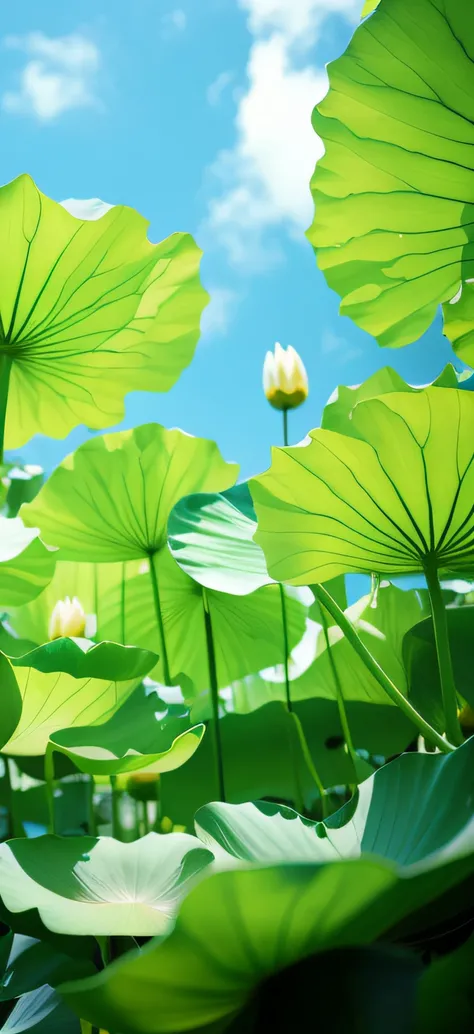 There is a picture of a tree-lined field with the sky as a background, lotuses, on a planet of lush foliage, Lotus, lotuses, lotus flowers on the water, lotus petals, zen natural background, vertical wallpaper, low angle 8k hd nature photo, Lotus pond, lot...