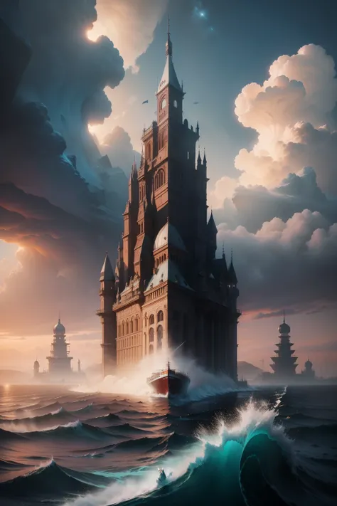 An epic CG matte painting by Mike Winkelmann and Ivan Aivazovsk，Depicts the Sky Opera House floating on an icy sea，level，The façade is surrounded by roses like masonry，Colorful rose clouds，the soft light，Light effect，unreal-engine，Popular on ArtStation，ult...