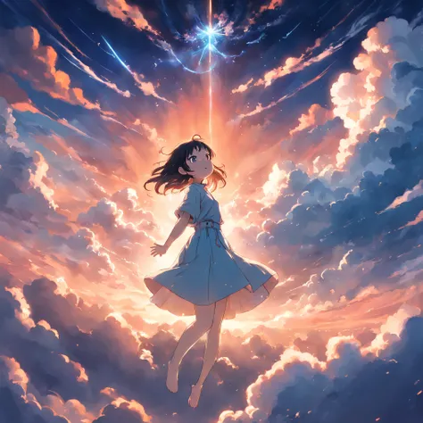 masterpiece, best quality, movie still, 1girl, cloud girl, floating in the sky, close-up, bright, happy, warm soft lighting, sunset, (sparks:0.7)