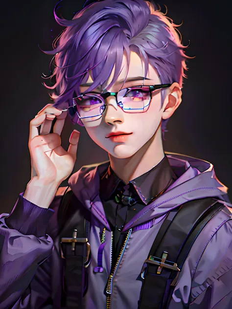 Purple-haired boy posing for photos wearing glasses and backpack, Guviz-style artwork, inspired by Yanjun Cheng, Smooth anime CG art, realistic anime artstyle, ryan glitter concept artist, Guviz, high quality portrait, anime character portrait, Realistic a...