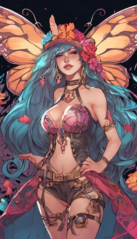 colorful butterfly,girl,bikini,upper body,witch hat,(detailed face:1.2), (medium breasts),(cleavage),(thigh bands),long hair,asymmetrical bangs,Tarot border,The portrait is centered,(no weapon),(bouncing breasts),