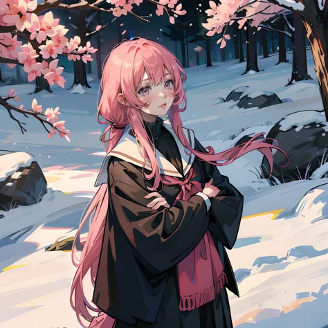 dual horsetail，Pink hair，Cloak，Cold，schoolgirls