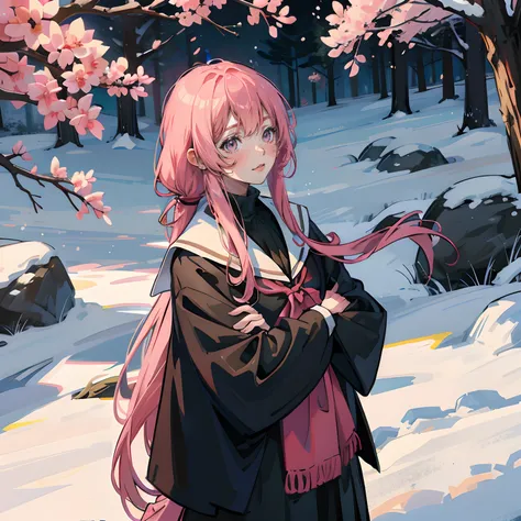 dual horsetail，Pink hair，Cloak，Cold，schoolgirls