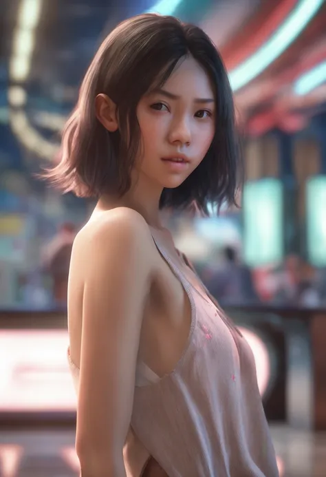 arafed woman with a no shirt, no clothe at all, half body shot, in a mall, a photorealistic painting inspired by Yanjun Cheng, trending on cg society, realism, soft portrait shot 8 k, girl cute-fine-face, with short hair, portrait cute-fine-face, kawaii re...