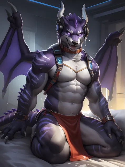 Solo, Male, (Muscular), sacrifices, (male anthro wolf):1.3, Dark purple body，nakeness，divinity，Wear white ear headphones，Black loincloth, (Kamimei):1.3, (komono:1.4) (DOA):1.23, Detailed eyes, lizard tail,A pair of dragon horns, A pair of dragon wings，((Fu...