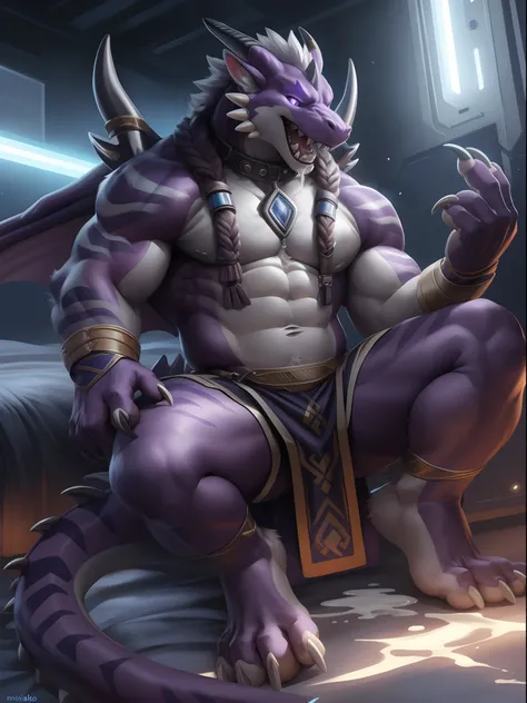 Solo, Male, (Muscular), sacrifices, (male anthro wolf):1.3, Dark purple body，nakeness，divinity，Wear white ear headphones，Black loincloth, (Kamimei):1.3, (komono:1.4) (DOA):1.23, Detailed eyes, lizard tail,A pair of dragon horns, A pair of dragon wings，((Fu...