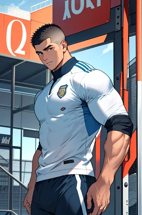 Draw a full-fledged athlete，Stand on the central field of the gym，He wears high-end sportswear，The man looks confident and determined，looking-down，Crew cut，full bodyesbian，shooting from below，