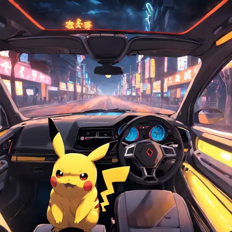 Pikachu cute expression driving car neon light soft 8k highway night high speed speeding