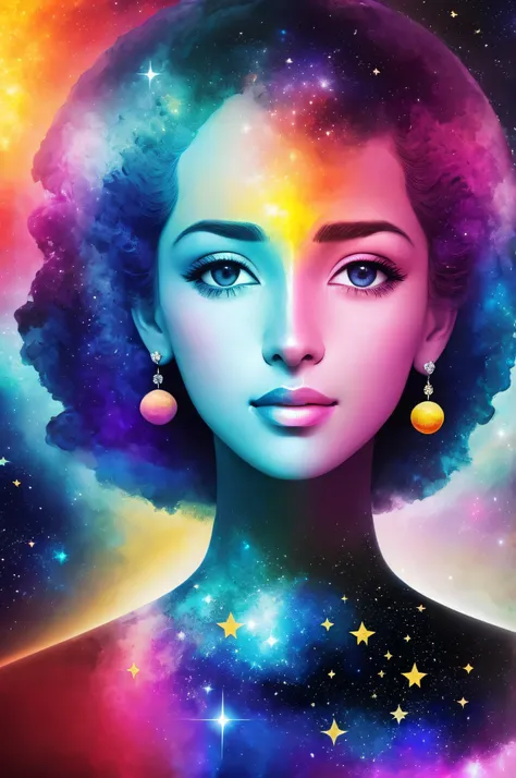 retrato abstrato , bust of a beautiful universal girl looking at you, com as cores do universo ,with outer space in your body , altamente detalhado ,abstrato, cinematografico ,lindo, perfeito , beleza astral .