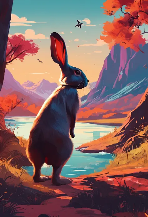 A rabbit walks among magnificent mountains and the vast ocean