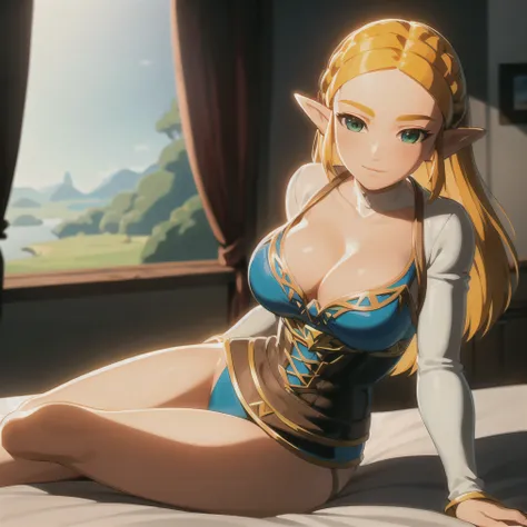 ((masterpiece)),(illustration),(((best quality)),iridescent, high resolution illustration,Amazing,highres,intricate detail, extremely detailed CG unity 8k wallpaper ((zelda)), large breasts, full body, (delicate cute face), blond long hair, lovestruck,(gre...