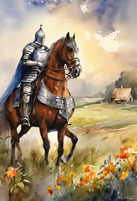 (Solemn royal knight),Armor，ride horse，The formation is neat,borgar，The foreground is a small flower，The front shadow is blurred，depth of fields，tmasterpiece，Light and shadow effects，Movie special effects