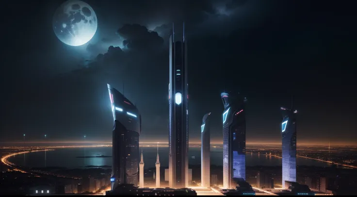 Foto de capa Facebook, futuro, noite, lua, cidade, futuristic buildings.