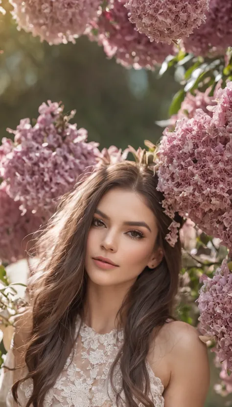 (uma mulher com beleza estonteante, Rodeado por flores de cravo vibrantes em um jardim tranquilo, seus cabelos fluindo em tons de preto, an exquisite composition that captures every detail, A mais alta qualidade, a breathtaking close-up of his flawless fac...