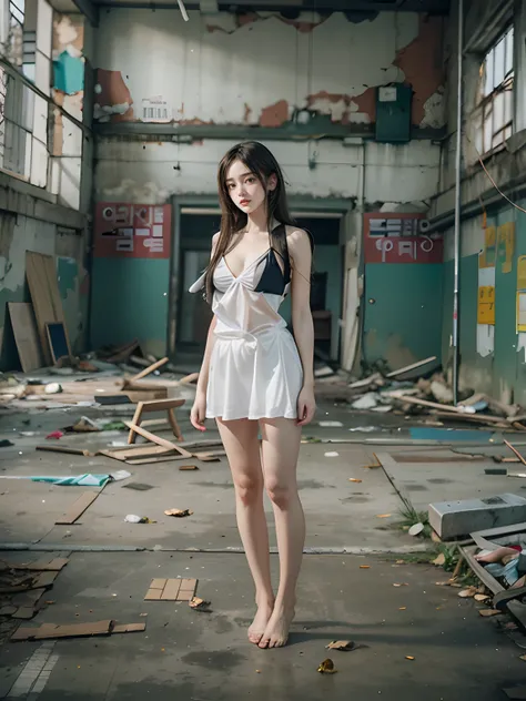 Highest image quality，best qualtiy，tmasterpiece，Abandoned school buildings，18-year-old Korean beautiful girl，full-body portraits，Sexy standing pose，very beautiful long slim legs，The barefoot，NSFW，Smaller bust，As thin as a whipping post，Skinny，The body is e...