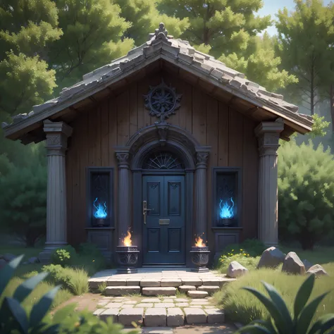 Black chalet of ancient Greek architecture, made of black stone, with a dark look and decorated with torches with blue flames. The door is dark wood. --auto --s2