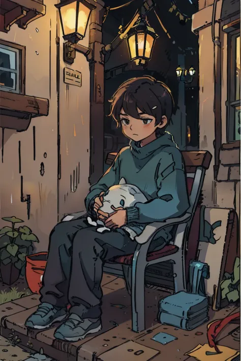 On a rainy day, alley under street lamps A boy in a sweater sitting on a chair and one curled up on the boys lap Healing cartoon illustration style