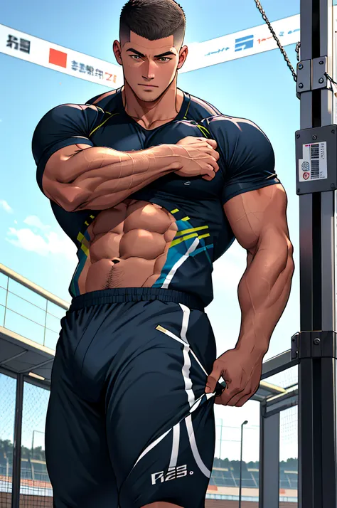 Draw a full-fledged athlete，Stand on the central field of the gym，He wears high-end sportswear，The man looks confident and determined，looking-down，Crew cut，full bodyesbian，shooting from below，