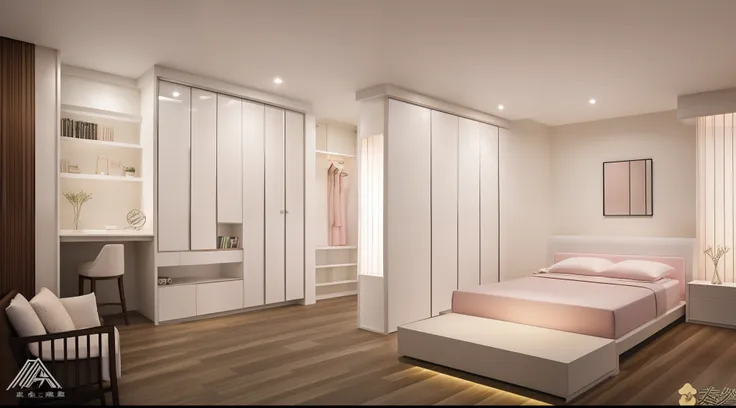 Design cloakroom solutions for young women，And pink is the main color。 Space planning： Choose a larger room，Meet the functional needs of the cloakroom，Vitrines，The windows are filled with clothes from all seasons，Wear and match，Bags, shoes and socks need t...