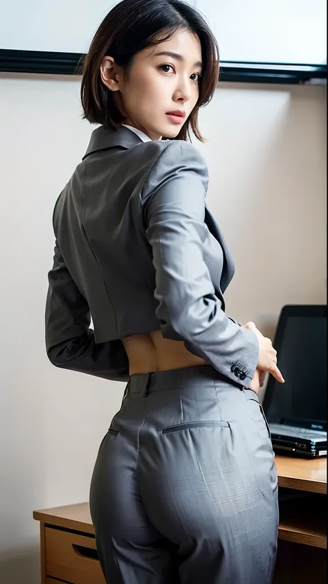 (Best quality, 8k, 32k, Masterpiece, UHD:1.2), 1girl, beautiy Japanese woman, narrow waist, grey suit, open jacket, office lady, suit, pants, from behind, office room, desk, (stick out ones buttocks:1.2), detailed face, short hair,