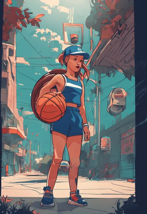 Sports girl，wearing a blue cap，Basketball in hand，Very sunny，Real Human