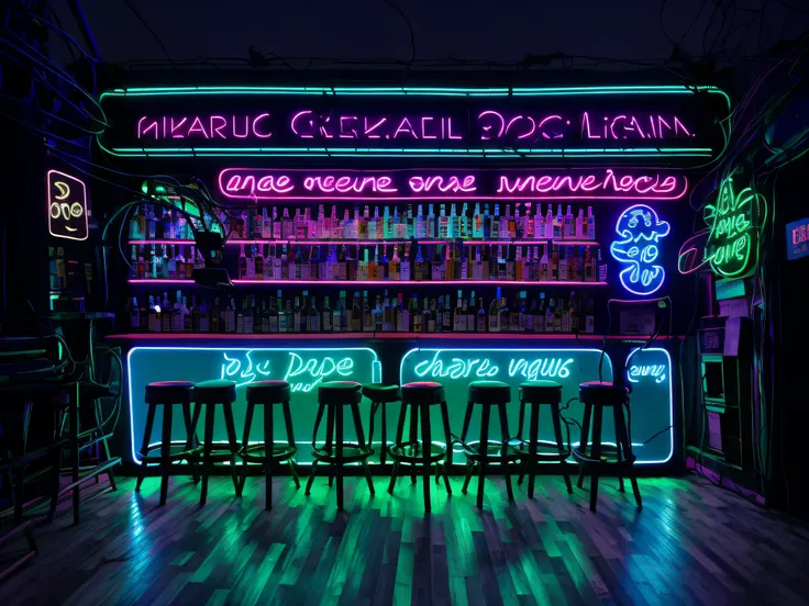 Neon signs on a wall in a bar with stools, Rococo Cyber Neon Lighting, neon bar lights, colorful neon lights, thick neon lights, Cyberpunk Neon Lights, colorful neon signs, soft and dreamy neon lights, cinematic realistic neon photo, bright neon signs, neo...