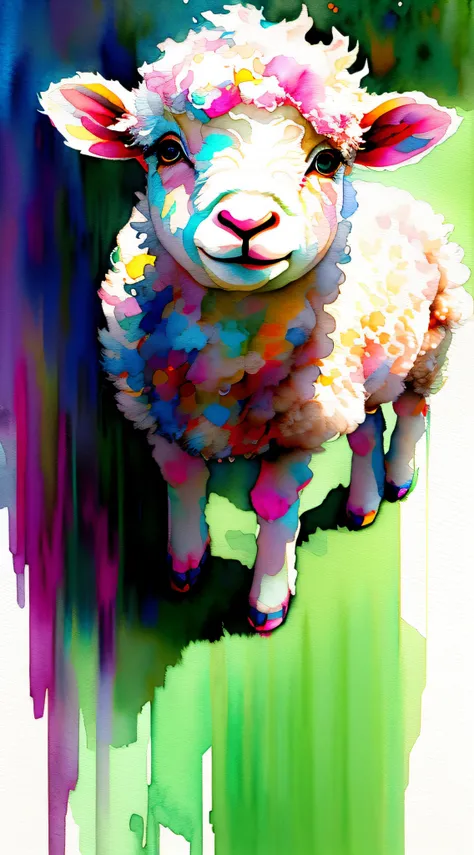 wtrcolor style, Digital art of (a cute little lamb), official art, frontal, smiling, masterpiece, Beautiful, ((watercolor)), face paint, paint splatter, intricate details. Highly detailed, soft eyes, gradient color matching from white to light green, [drip...