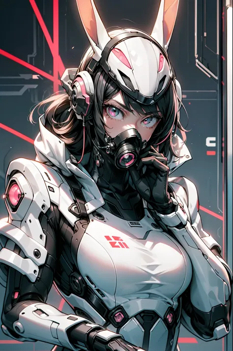 ((best qualtiy)),Cyborg girl in cyborg style，Gray hair，Long ponytail hairstyle，Wear headphones in the shape of rabbit ears and a gas mask，The gas mask has a green light on the surface，Dressed in a white suit，There are long pink bands of light on the clothe...