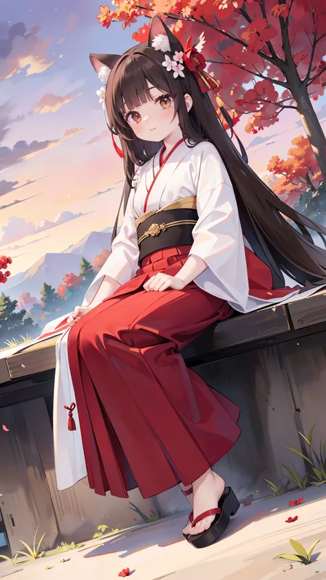 Wind shot 1.8,Dutch Angle Shot,ground level shot，Low angle，The whole body is photographed sitting on the ground, the red long dress is on the edge of the tree, the white kimono is black as a spring, and the headgear is headless and the front photo is sitti...