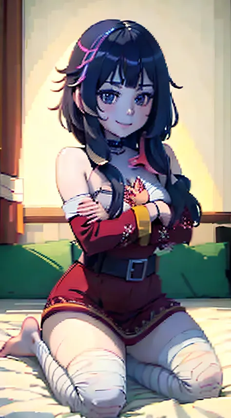 (bedroom, white bed) , megumin, 1girl, solo , flat_chest, smile,, barefoot,solo, ((arms at sides)), sitting, (best quality), ((masterpiece)), (highres), original, extremely detailed wallpaper,shiny, chromatic aberration abuse, detailed background, vivid co...