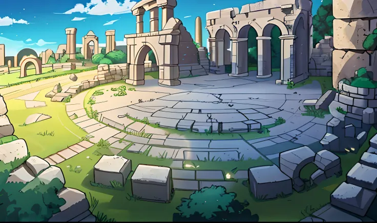 There is a cartoon picture of a stone road with a stone arch, ancient ruins background, odins stone arena background, arena background, city ruins background, background is the ruins, ruins landscape, arte de fundo, Mobile game background, ruins on the bac...