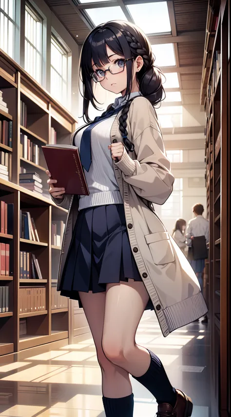 A baby-faced girl in her early teens with braids and glasses. Her bangs are moderately down. She is in the library, with sunlight piercing through the window. She is wearing a white cardigan and a navy blue miniskirt. The skirt is patterned like a school u...