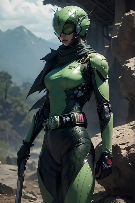 (Rocky wasteland [quarry],Dark Green Kamen Rider Girl 19 years old (Skinny) [praying mantis] (Round compound eyes Clear green),(Black leather suit [Muscle-fitted black protector]) (Bionic Belt [Shiny belt buckle])  [(Translucent scarf [Thin wings]) sense o...