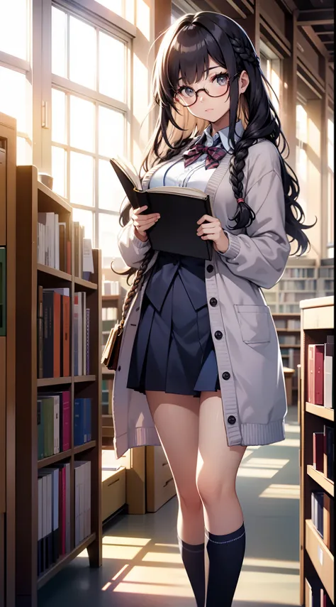 A baby-faced girl in her early teens with braids and glasses. Her bangs are moderately down. She is in the library, with sunlight piercing through the window. She is wearing a white cardigan and a navy blue miniskirt. The skirt is patterned like a school u...