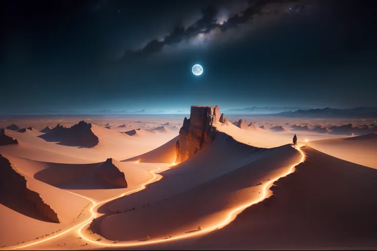 (masterpiece, best quality), best resolution, vast desert at night, starry sky, full moon