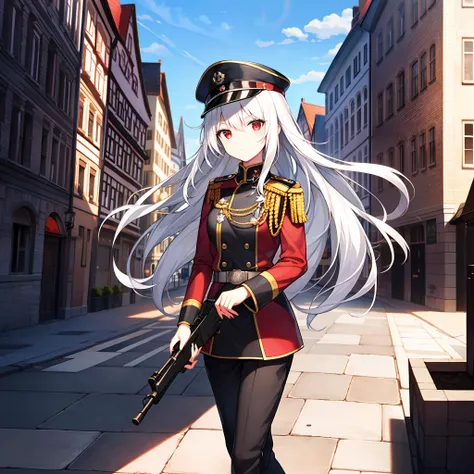 Military, 1girll, Solo, standing, Very long hair, (Messy hair:1.3) White hair, Red eyes, Thin stature, bangs, hair between eye, , (With a Gauss rifle), Baumans Wehrmacht, ,  (Street background in Germania), Flag of Greater Germania, (Germanic black militar...