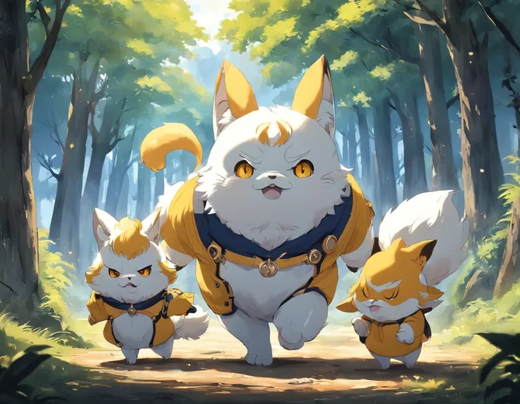 White and yellow mascot，It has the characteristics of eight uprisings culture，Distinctive features，Full body like，Rich in connotation，The background is woods， With unique creativity and design，Characteristics of the times Cute image，Great affinity and comm...