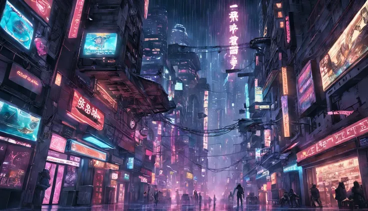 "obra maestra, mejor calidad, Still photography, una ciudad cyberpunk [ciberpunk], dos naves enormes volando sobre la ciudad [naves voladoras], es de noche y hay lluvia [noche lluviosa]".