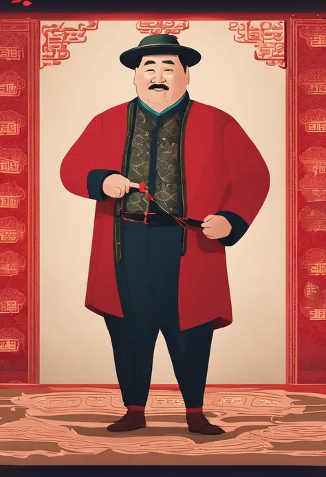 A fat middle-aged man in Vietnam, wearing a hat, a bow tie, wearing a red Mid-Autumn Festival costume, Pixar, full body, pure front, right hand holding a lantern stretching forward, feeling the light, Detail optimized, red background bulge