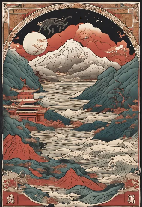 Yamakawa，rios，Sun，Mountain and Sea Lark Scroll，Ancient mythology of the Mountain and Sea Sutra，mythological beasts，Epic composition，shadowing，National style