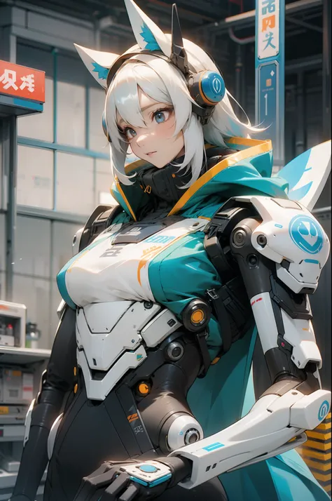 1girll, Electronic blue color, Wolf ears、 whited , pastel colour、Bright atmosphere、droid、White hair、Futuristic atmosphere、Despressing、White eyes、Long hairs、exposed、the body is connected by a cable、Slender body, Upper body, Headgear, Machine wings, kosmos, ...