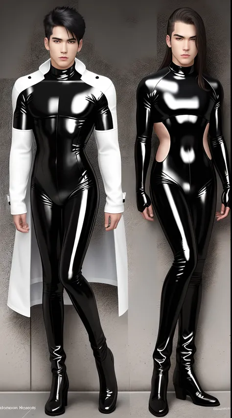 juvenile sense，shoun，Male characters show their faces，latex suit，Black and white spots，musculous，Full body photo，Sexy tights，Wear latex clothing all over，Shiny latex coat，Over-the-knee boots，Flat boots