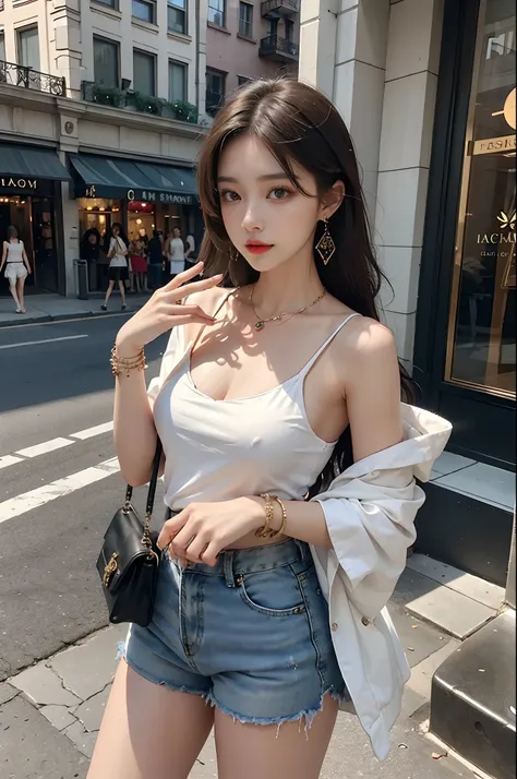 Beutiful women，street corner，Fashion shorts，Luxury magic mirror，Stylish shoulder bag，Delicate bracelet，Gorgeous earrings，Glamorous necklace