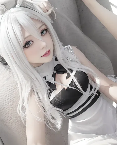 blond haired woman in a black and white dress sitting in a car, tifa lockhart with white hair, perfect white haired girl, ava max, anime girl in real life, anime inspired, her hair is white, belle delphine, girl with white hair, long white hair and bangs, ...