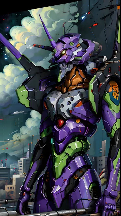 (eva 01), evagod, evangelion mecha, science fiction, looking at viewer, (official art, Best quality, masterpiece:1.2), illustration, high res, beautiful abstract background, Futurism, cyberpunk, intense angle,