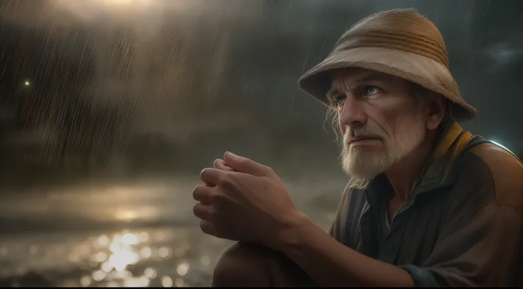 (foco nítido:1.2), an award-winning full-body photo of an old peasant, droplets of water, thunderstorm outside, lightning backli...