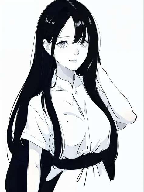 anime girl with long black hair and a white shirt,((black and white portrait)),black and white picture,smile,minimalist painting...